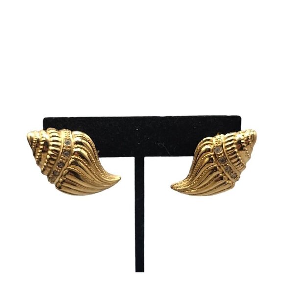 KjL Conch Shell Post Earrings Gold Tone For Avon Rhinestones Vintage 1980s - Picture 3 of 15